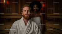 Relaxing Sauna Scene with Man and Woman in Wooden Steam Room