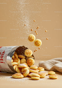 Mini Pancakes Falling Out of Open Packaging with Powder