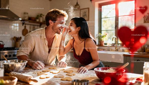 Couple laughing while baking heart shaped cookies together