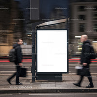 Urban night scene with empty lightbox and walking commuters