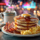 Stack of Fluffy Pancakes with Syrup and Bacon for Breakfast or Brunch
