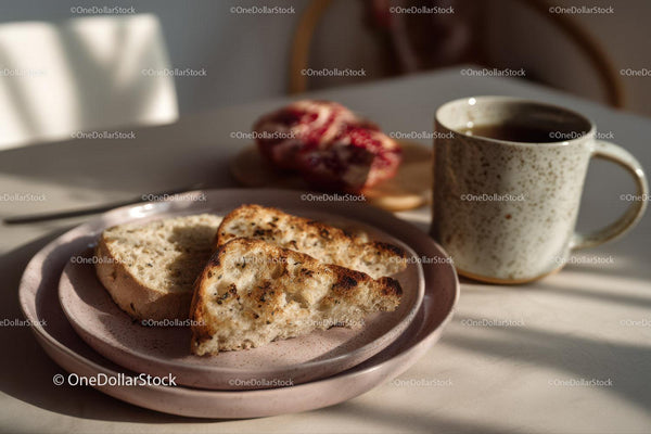 Fresh Herb Bread with Coffee and Pomegranate on Cozy Morning Table