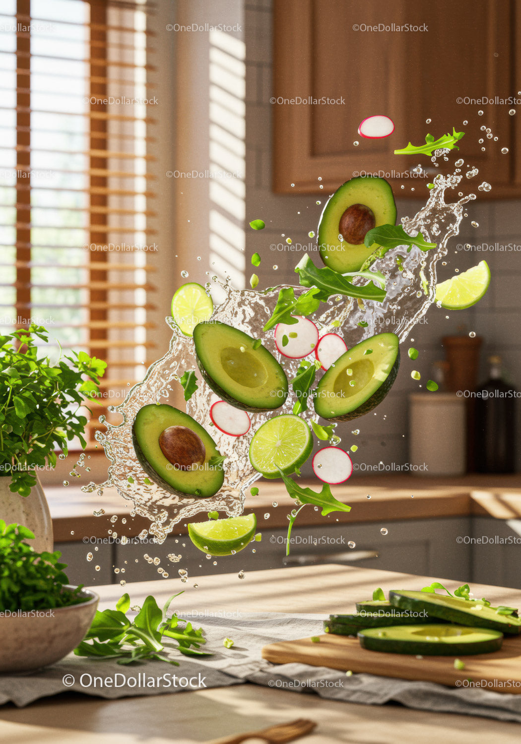 Fresh avocado and lime slices splashing in kitchen air