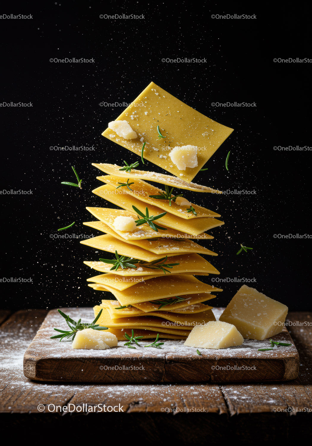 Stack of uncooked lasagna sheets with herbs and cheese