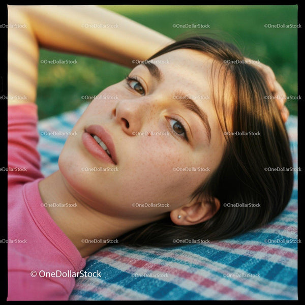 Young woman relaxing outdoors on a plaid blanket