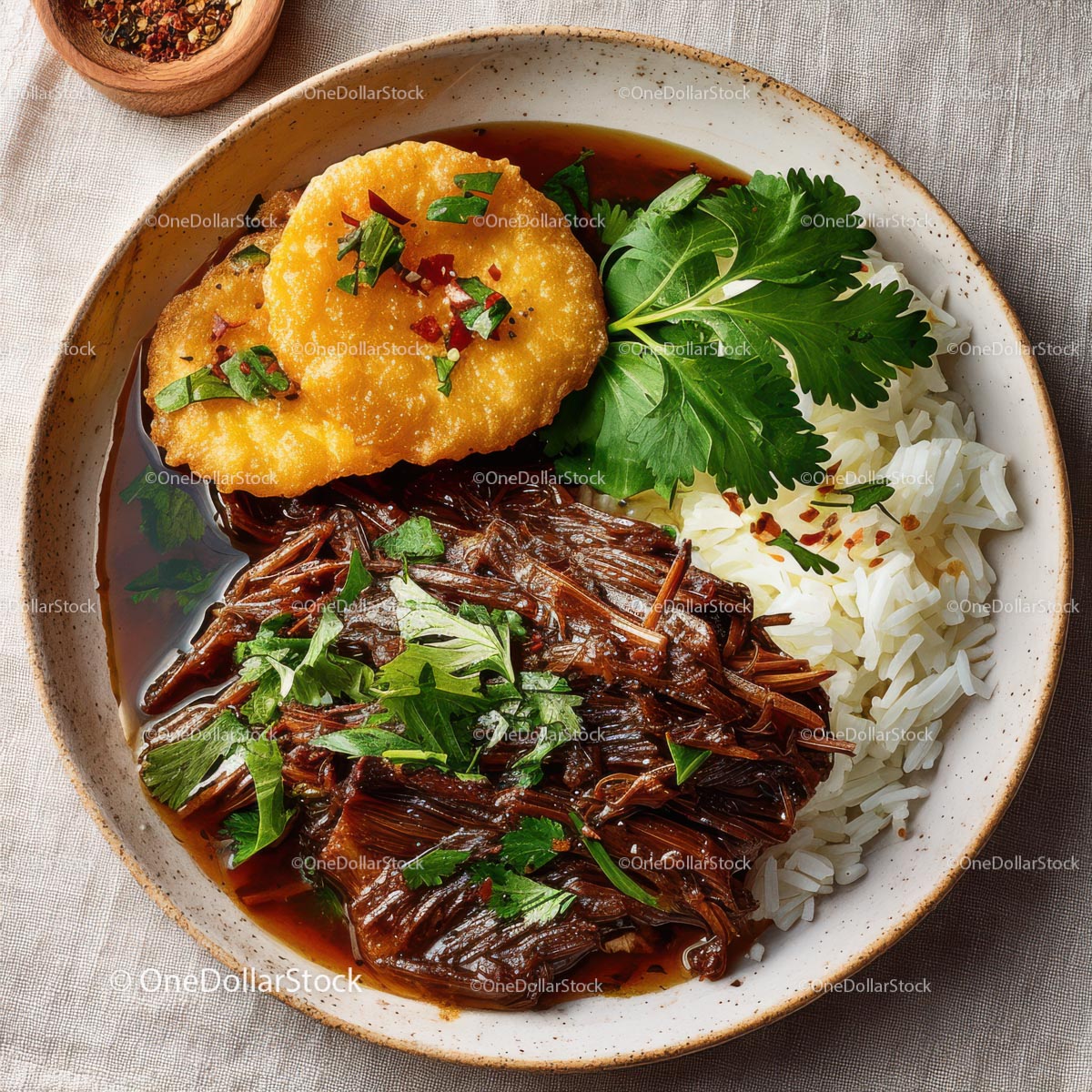 Savory Beef Stew with Rice and Fried Plantains