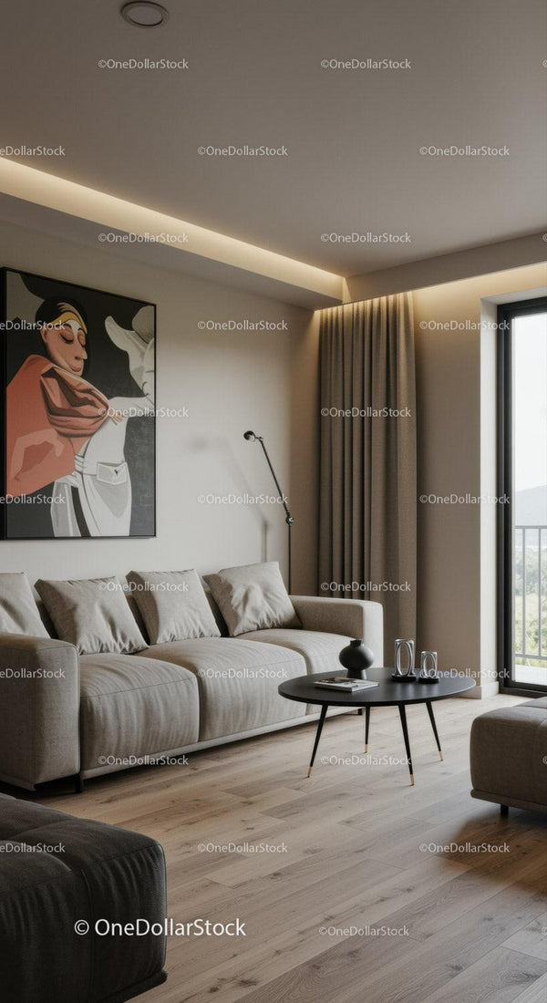 Przytulny nowoczesny salon w neutralnych tonach z dziełami sztuki