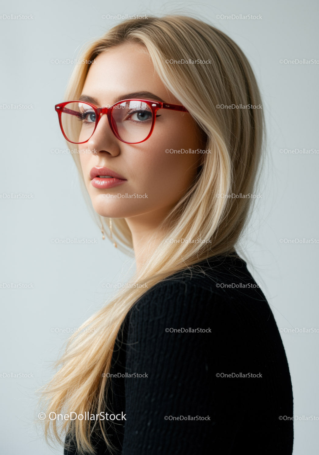 Stylish Blonde Woman Wearing Red Glasses in Professional Portrait