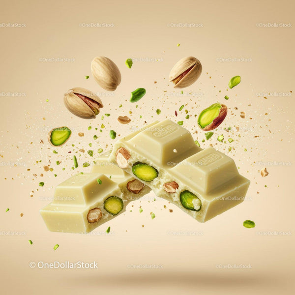 White chocolate bar with whole and cracked pistachios
