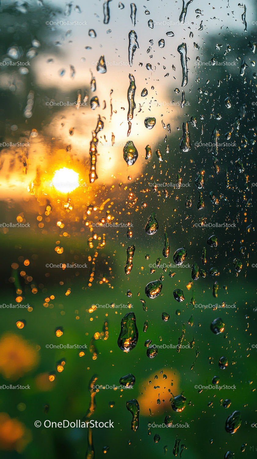 Raindrops on Glass with Sunset and Green Foliage in Background