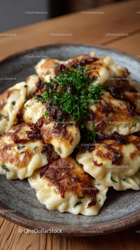 Delicious Fried Potstickers with Soy-Glazed Onion Garnish in a Rustic Bowl