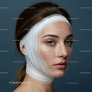 Close-up of a Young Woman with Bandage Headwrap in a Healthcare Setting