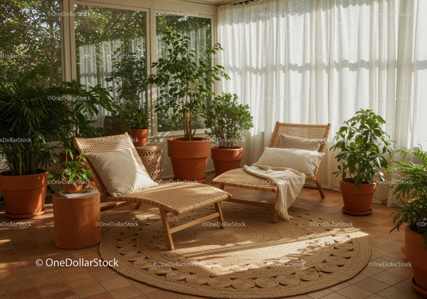 Sunlit cozy lounge area with natural wicker chairs