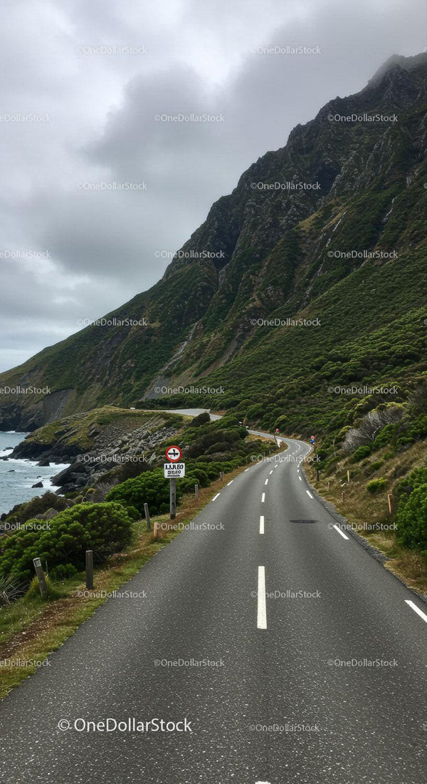 Mountain Road Winding through Lush Green Hills and Rocky Cliffs