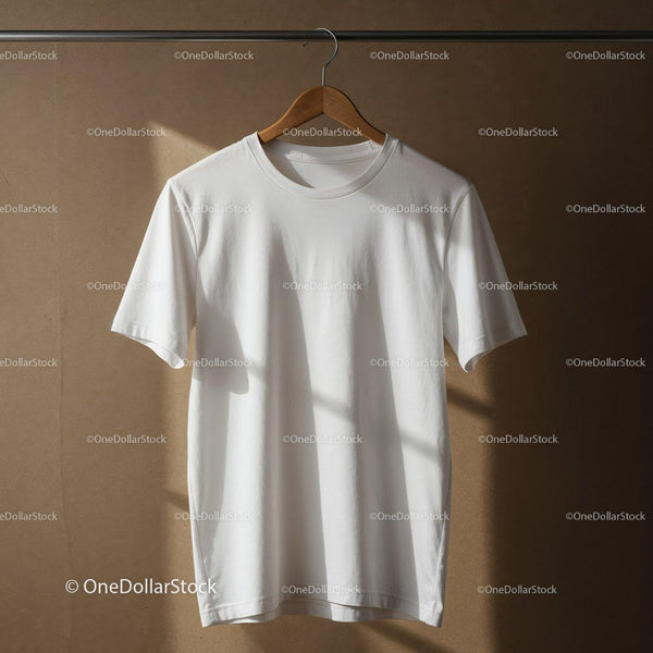 Minimal White T-Shirt Hanging on Wooden Hanger JPG Mockup Image