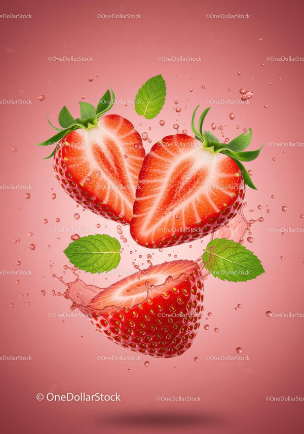 Fresh strawberries with mint leaves splashing in water