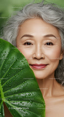 Elegant Mature Woman Smiling with Vibrant Gray Hair and Leaf