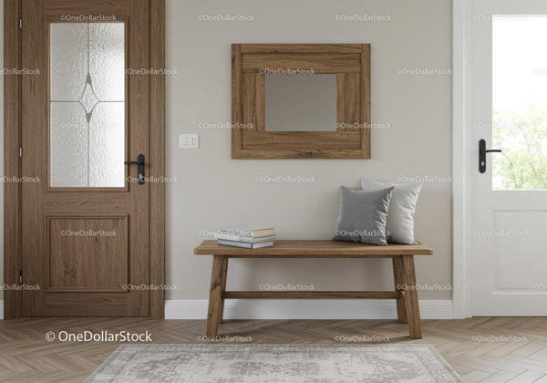 Modern Interior Hallway with Wooden Door and Mirror