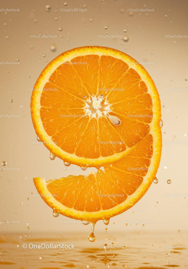 Fresh orange slices dripping with juice in water