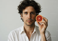 Young Man with Wavy Hair Holding Juicy Grapefruit Slice in Modern Setting
