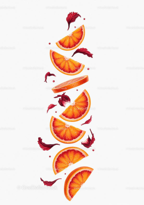 Fresh blood orange slices with hibiscus petals on white