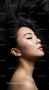 Serene woman with flowing black hair and closed eyes
