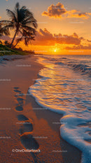 Scenic Tropical Beach Sunset with Palm Trees and Ocean Waves
