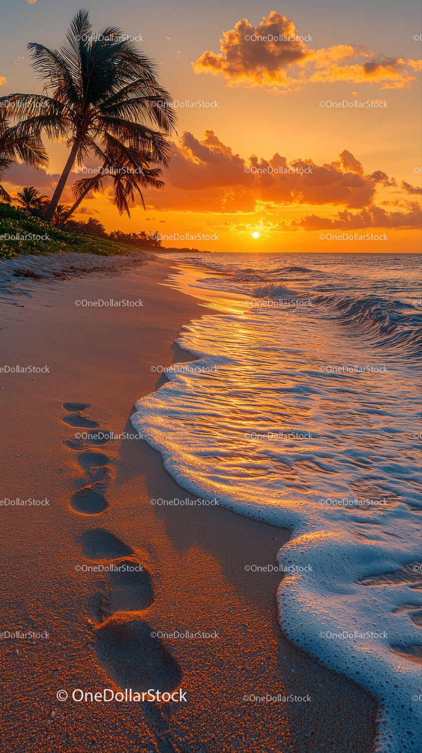 Scenic Tropical Beach Sunset with Palm Trees and Ocean Waves