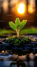 Fresh Green Seedling with Dew Drops in Natural Soil Landscape