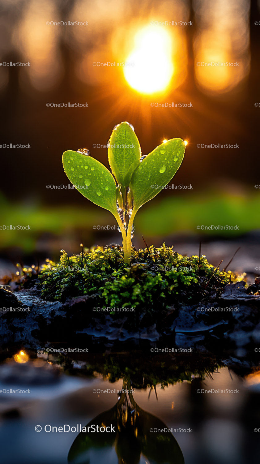 Fresh Green Seedling with Dew Drops in Natural Soil Landscape