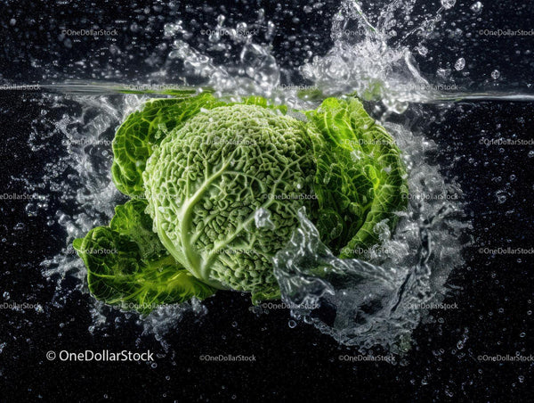 Fresh Green Lettuce in Water Splash on Black Background