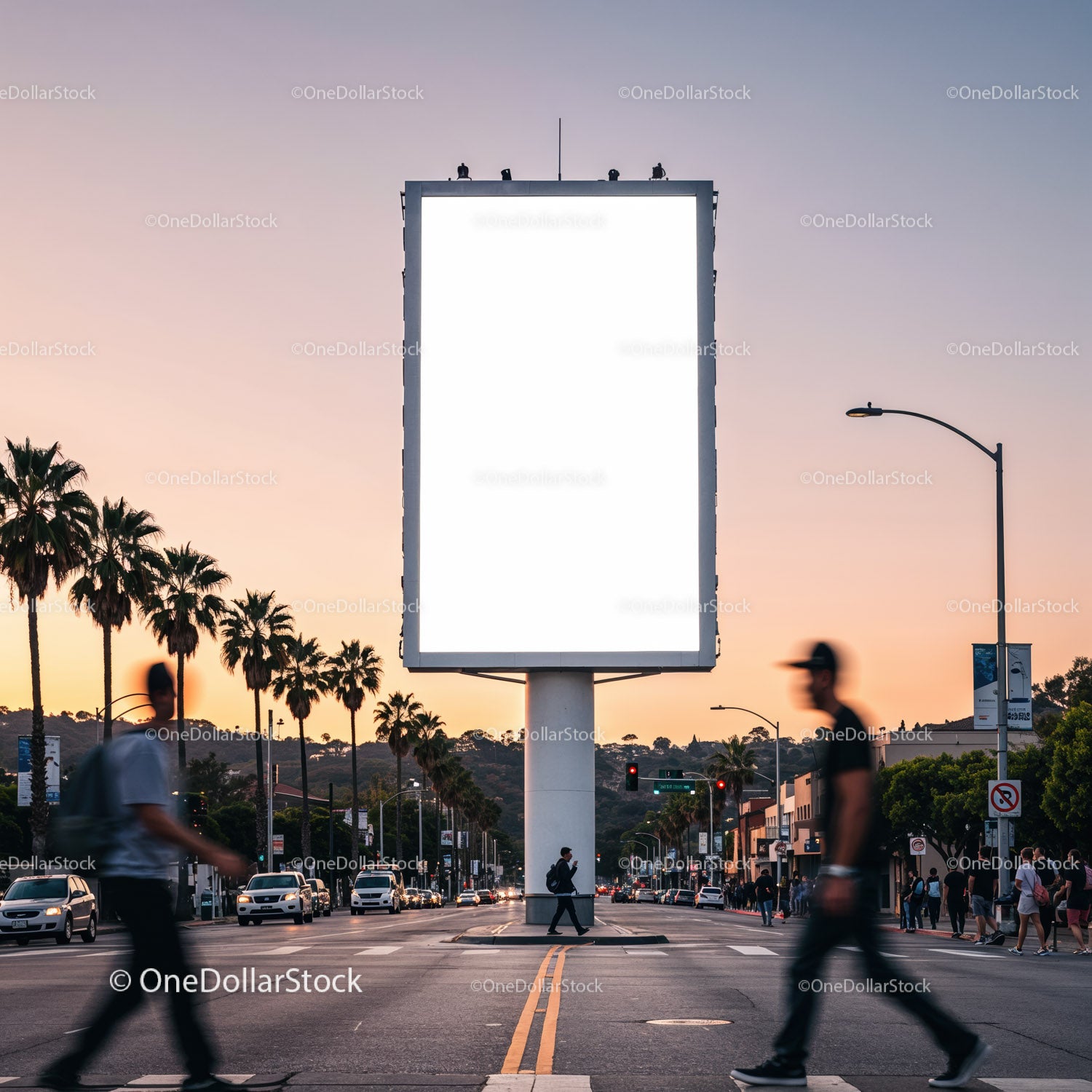 Urban Scene with Large Blank Billboard at Sunset