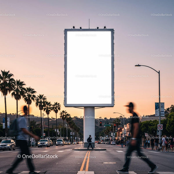Urban Scene with Large Blank Billboard at Sunset JPG Mockup Image