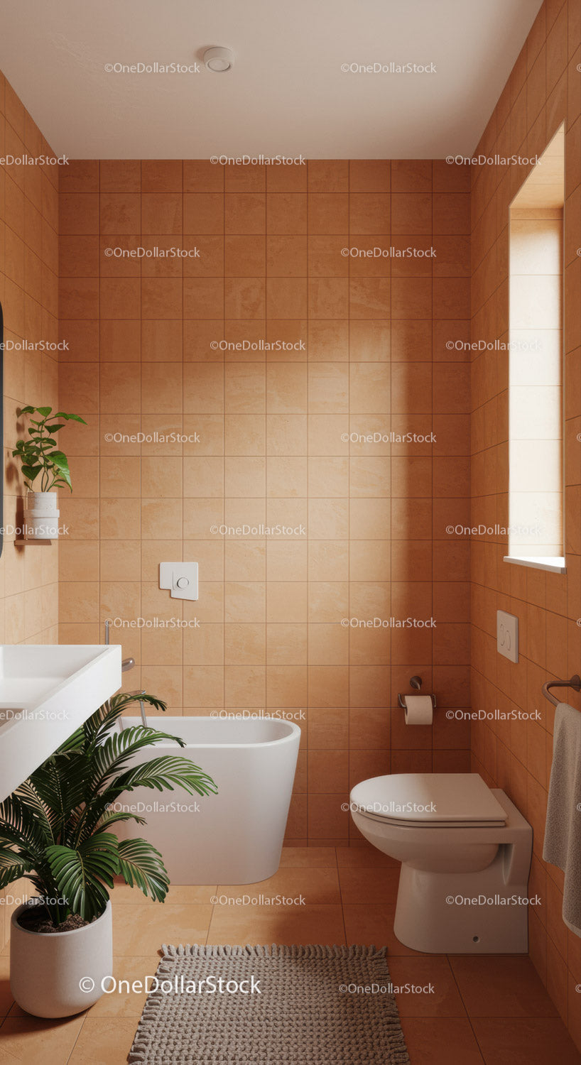 Modern Bathroom with Terracotta Tiles and Indoor Plant