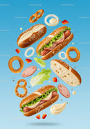 Fresh hot dogs with pretzel buns and toppings floating