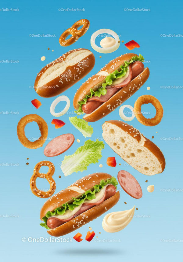 Fresh hot dogs with pretzel buns and toppings floating