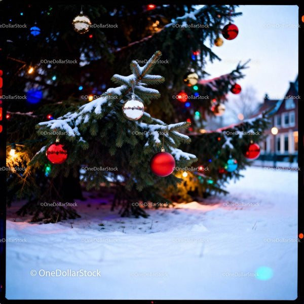 Snowy Christmas tree decorated with colorful ornaments