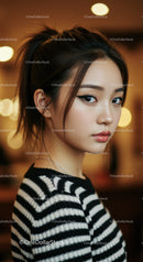 Elegant Young Woman with Striped Sweater and Bright Indoor Lighting