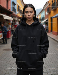 Fashionable Woman Wearing Black Hoodie in Urban City Street