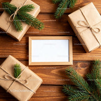 Minimalist Christmas Gift Setup with Blank Frame on Wood JPG Mockup Image preview
