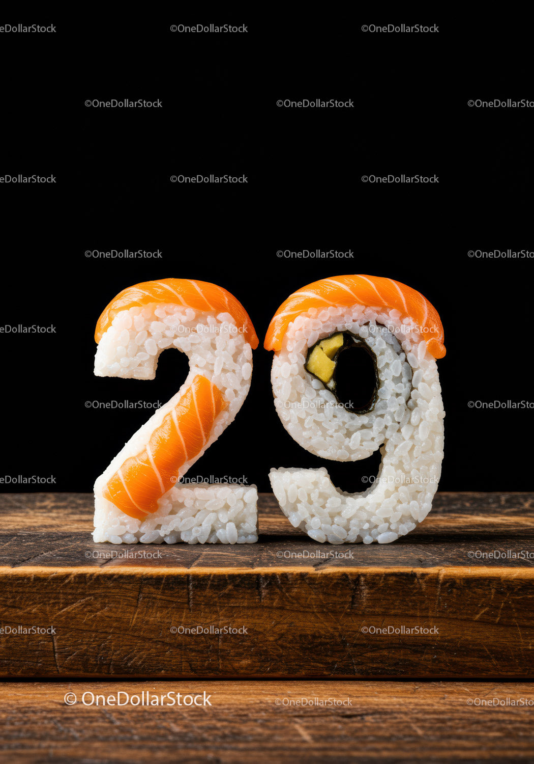 Creative Sushi Numbers Forming Twenty Nine on Wooden Surface