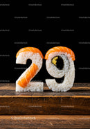 Creative Sushi Numbers Forming Twenty Nine on Wooden Surface