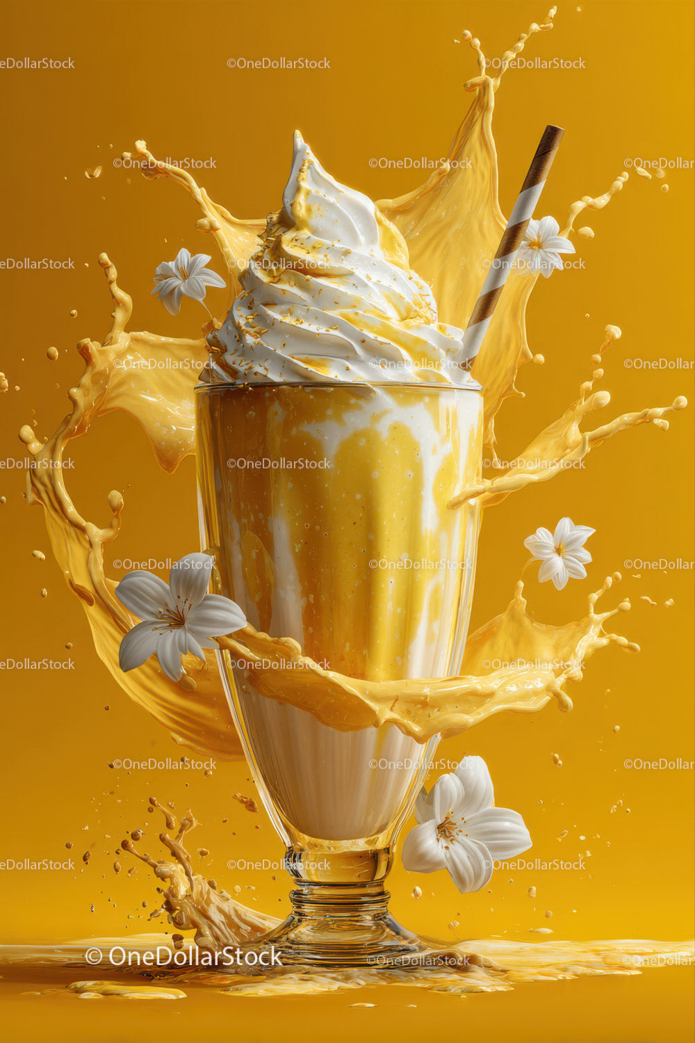 Creamy Vanilla Soft Serve with Splash and Flowers on Orange Background