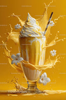 Creamy Vanilla Soft Serve with Splash and Flowers on Orange Background