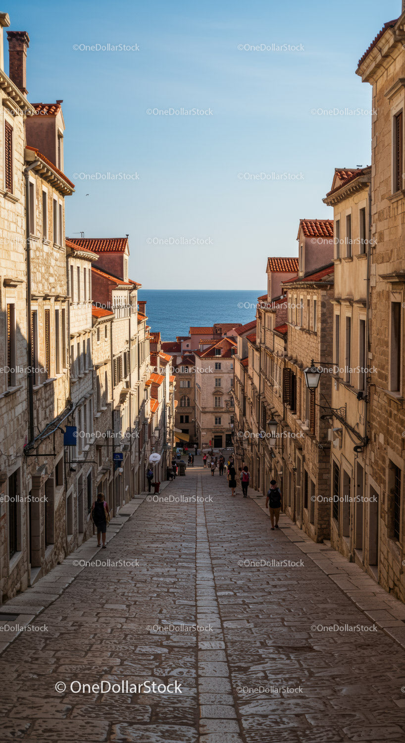 Charming Coastal Town Street with Historic Mediterranean Buildings and Sea View