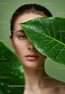 Portrait of a Woman with Blue Eye and Large Green Leaf with Water Droplets
