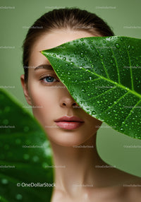 Portrait of a Woman with Blue Eye and Large Green Leaf with Water Droplets