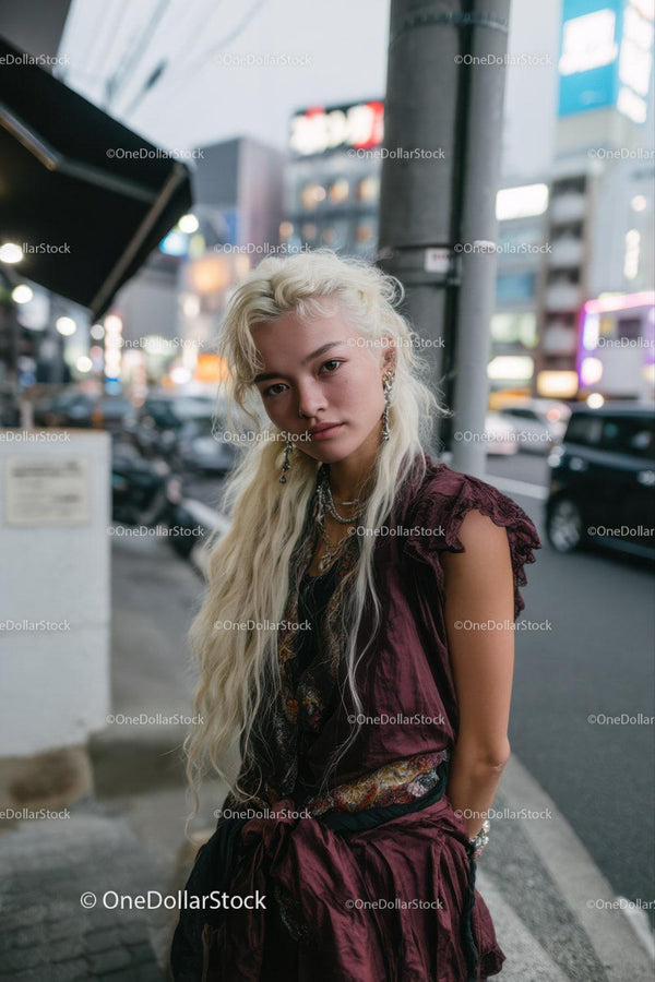 Fashionable Young Woman in Streetwear on City Street at Night