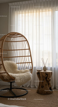 Cozy rattan chair with sheepskin and rustic wooden side table