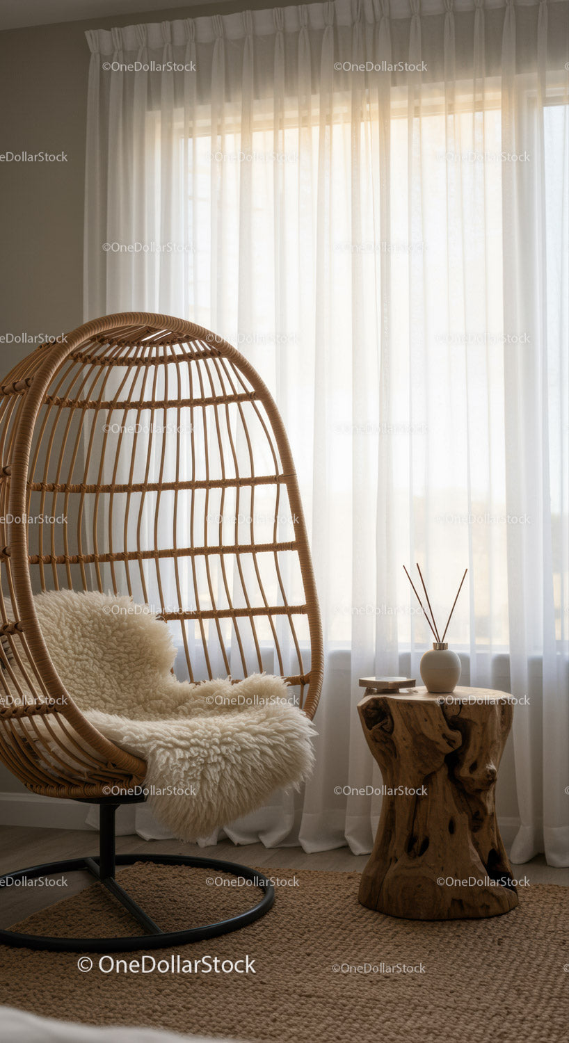 Cozy rattan chair with sheepskin and rustic wooden side table